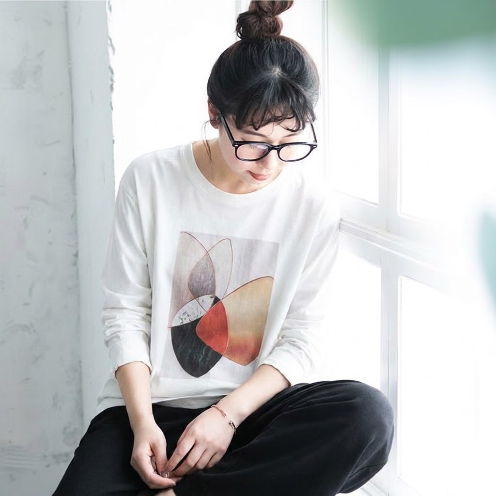 アートプリント クルーネック長袖Tシャツ