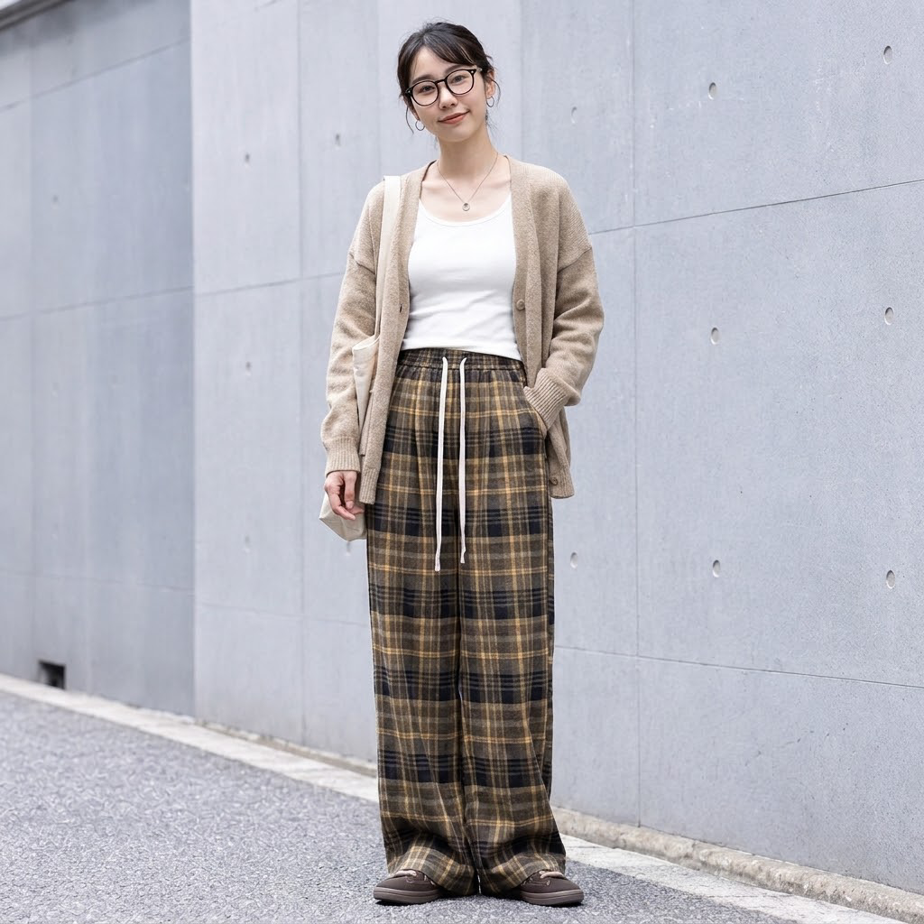 チェック柄 ストレートワイドパンツ 通常・裏起毛
