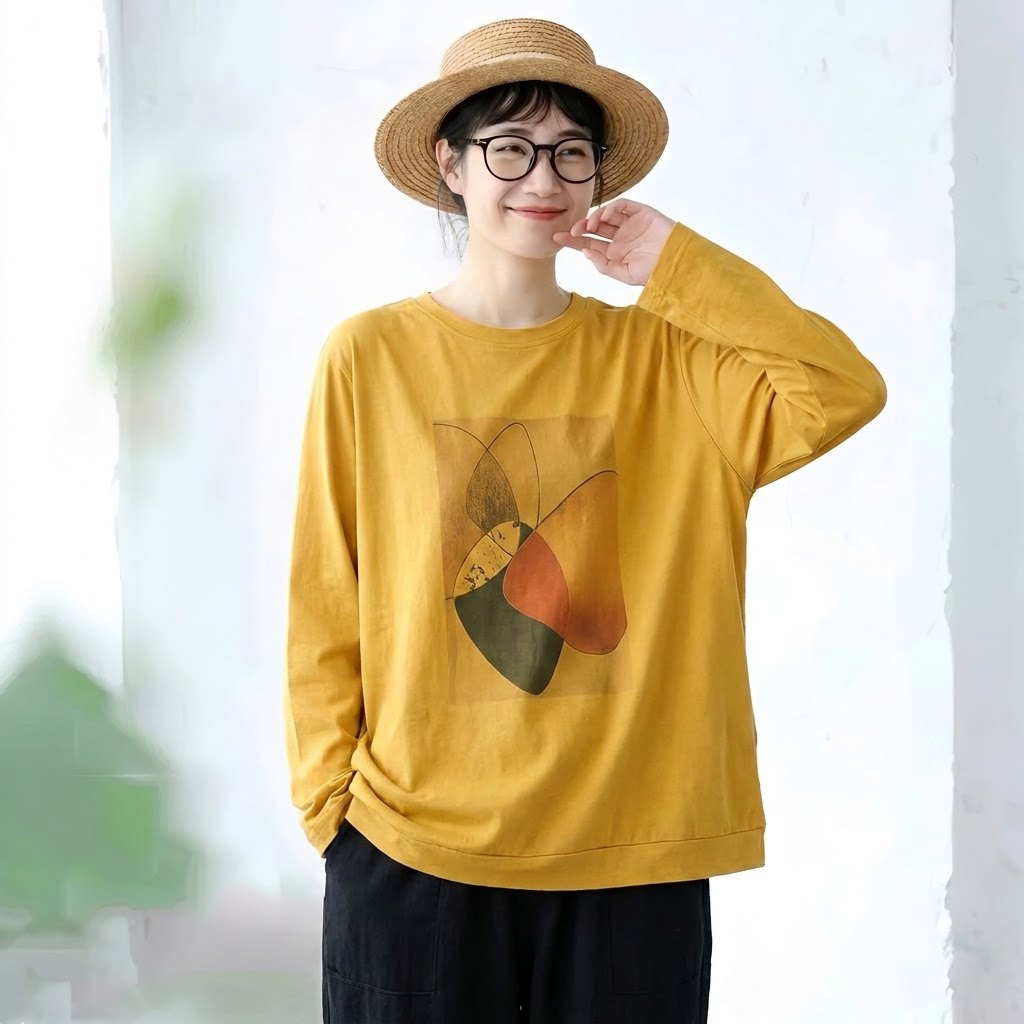 アートプリント クルーネック長袖Tシャツ