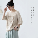 リネンコットン 夏のモチーフ柄 ラウンドネック ワイドフィット 毎日着たい シャツ