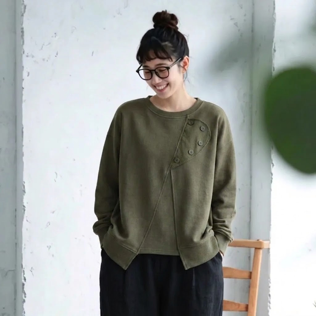 L～5XL ボタンデザイン アシンメトリー パーカー