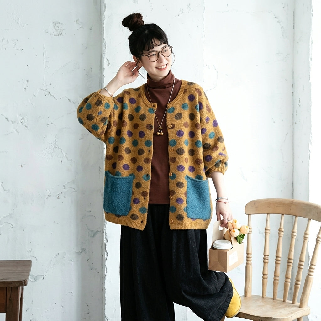 S～5XL ボタン ドット柄 ポケット付き 長袖 カーディガン