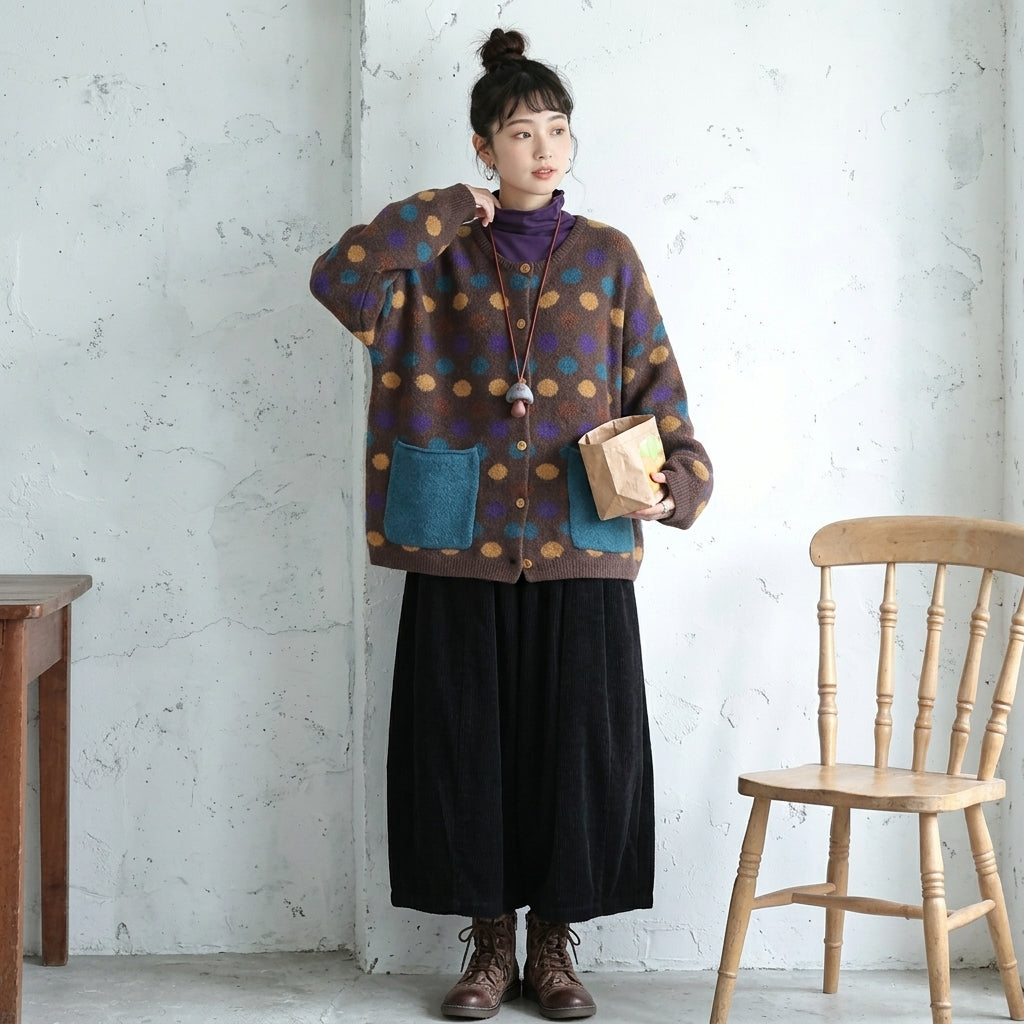 S～5XL ボタン ドット柄 ポケット付き 長袖 カーディガン
