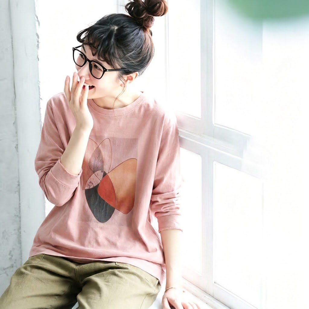 アートプリント クルーネック長袖Tシャツ