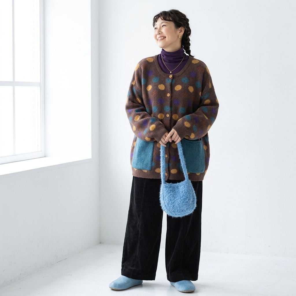 S～5XL ボタン ドット柄 ポケット付き 長袖 カーディガン