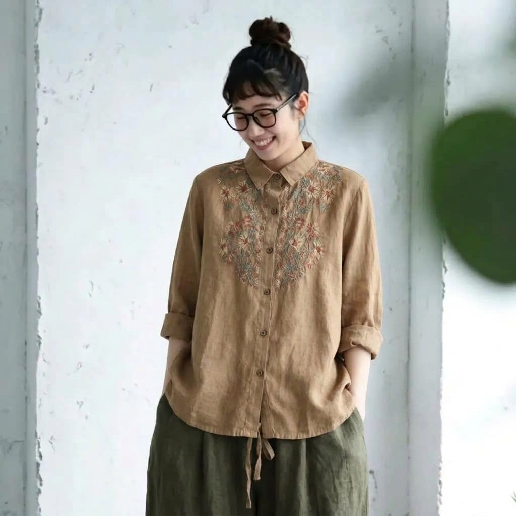 綿麻 花模様 刺繍 レトロ ブラウス