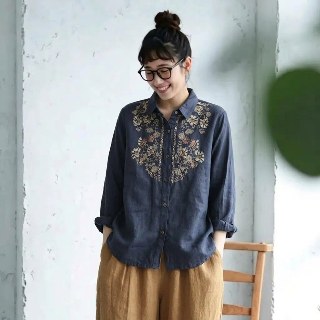 綿麻 花模様 刺繍 レトロ ブラウス