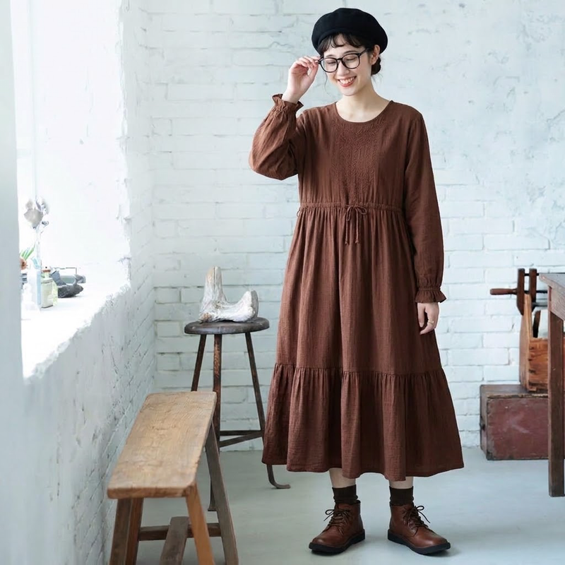 刺繍デザイン ウエストリボン ティアード ポケット付き ロングワンピース
