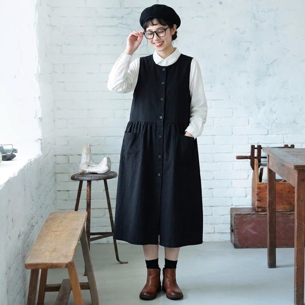 前ボタン ポケット付き ノースリーブ ギャザー ワンピース