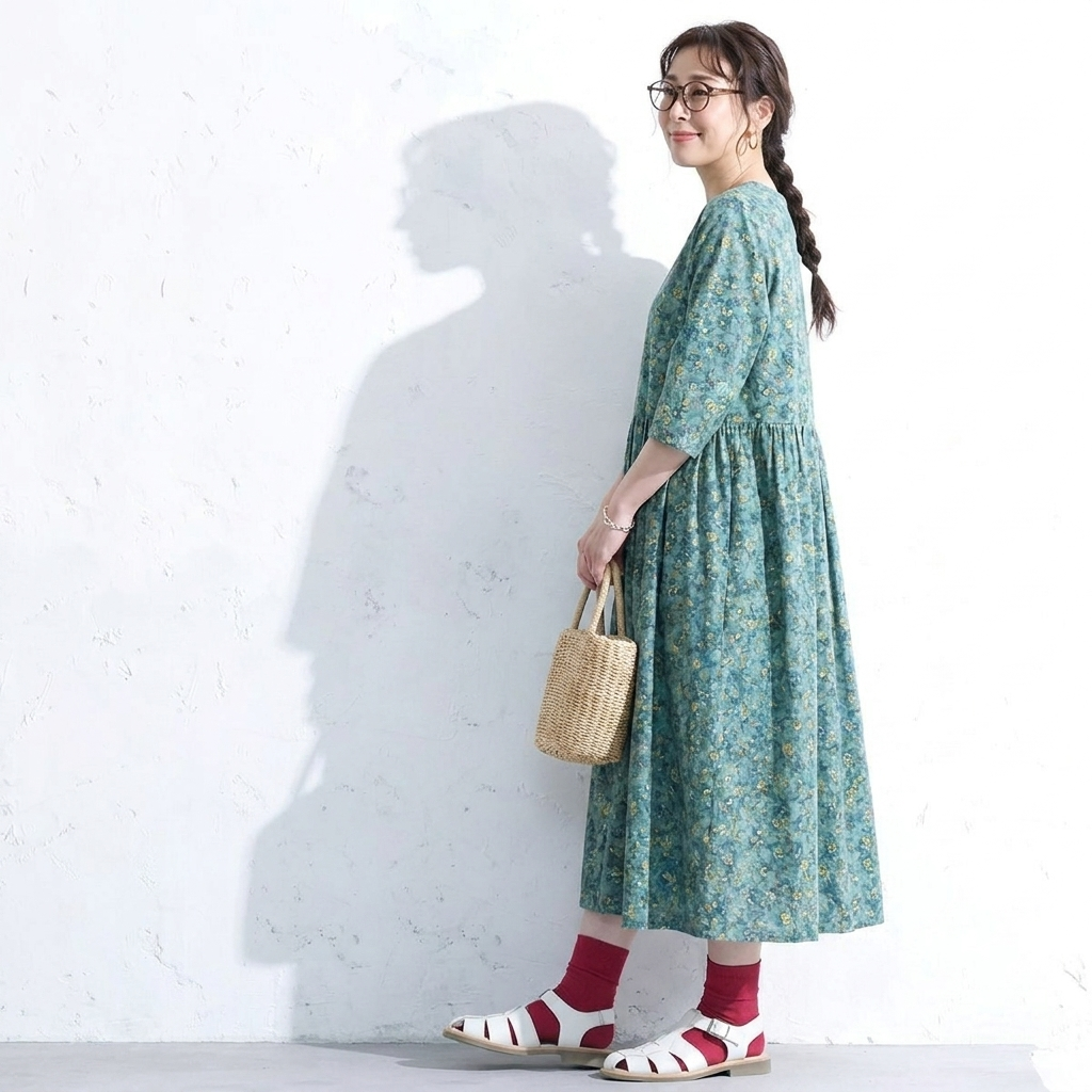 M～5XL 北欧の花畑 Aライン 五分袖ワンピース