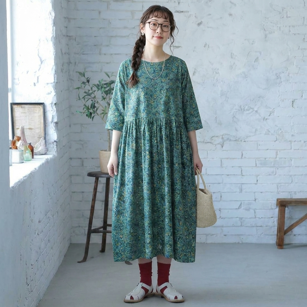 M～5XL 北欧の花畑 Aライン 五分袖ワンピース