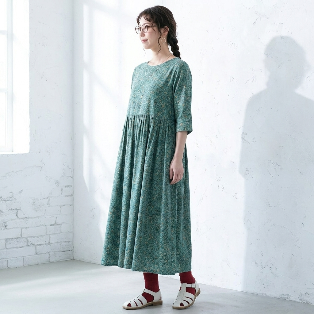 M～5XL 北欧の花畑 Aライン 五分袖ワンピース