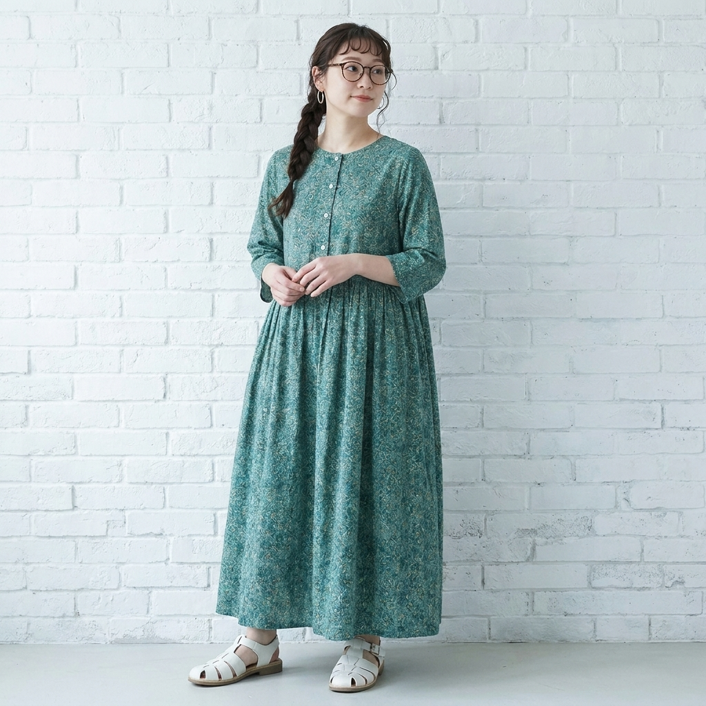 M～5XL 北欧の花畑 Aライン 五分袖ワンピース