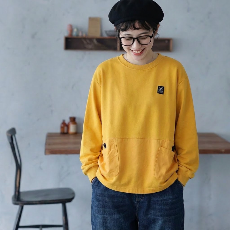 ラウンドネック ワッペン 切り替えデザイン ポケット付き 長袖Ｔシャツ
