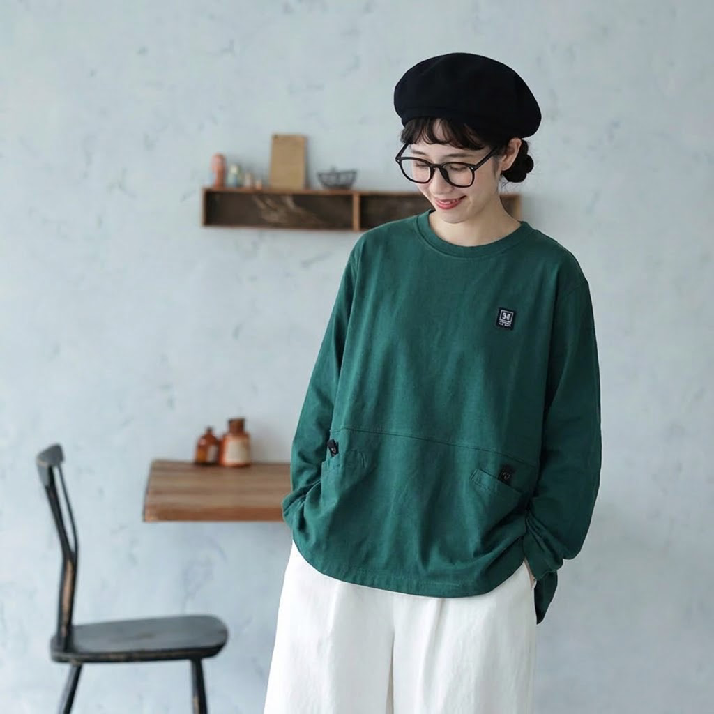 ラウンドネック ワッペン 切り替えデザイン ポケット付き 長袖Ｔシャツ