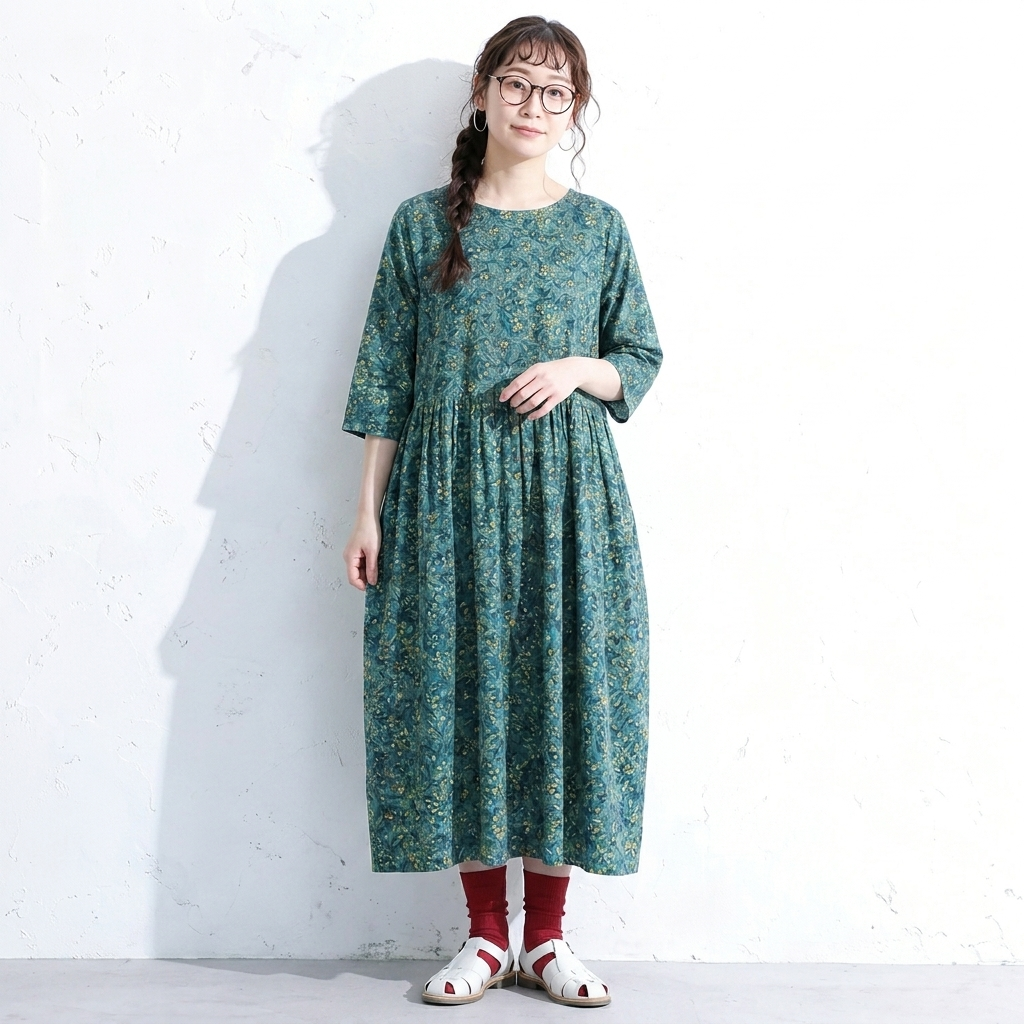 M～5XL 北欧の花畑 Aライン 五分袖ワンピース