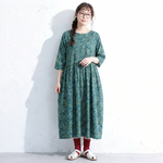 M～5XL 北欧の花畑 Aライン 五分袖ワンピース