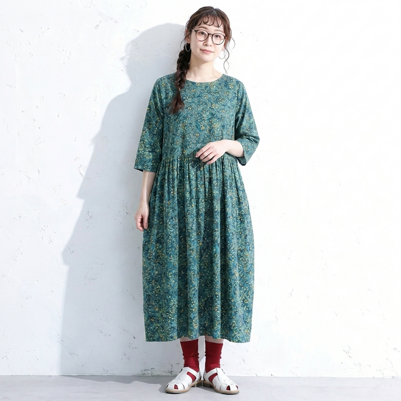 M～5XL 北欧の花畑 Aライン 五分袖ワンピース