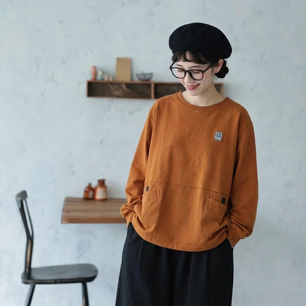 ラウンドネック ワッペン 切り替えデザイン ポケット付き 長袖Ｔシャツ