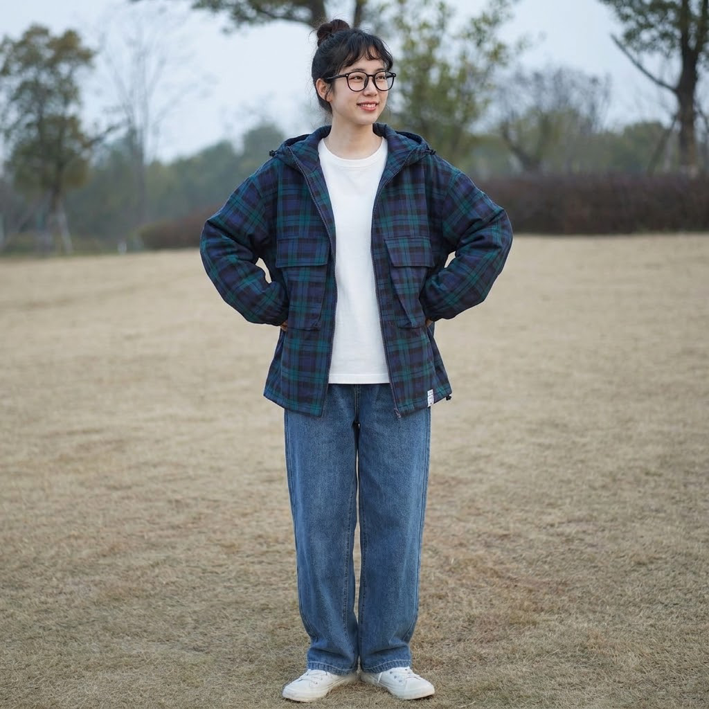 チェック柄 フード付き長袖ジャケット