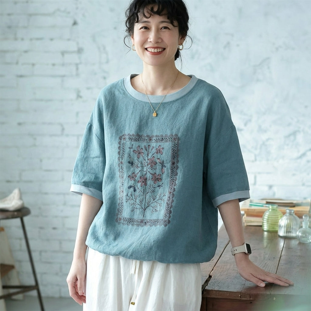 リネンコットン 夏のモチーフ柄 ラウンドネック ワイドフィット 毎日着たい シャツ