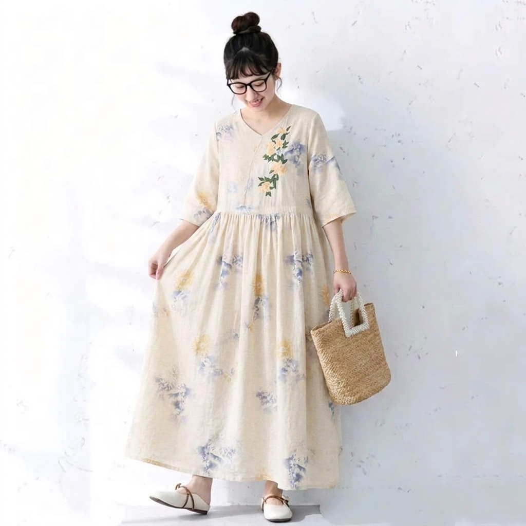 綿麻 花柄 接触冷感 刺繍 ワンピース