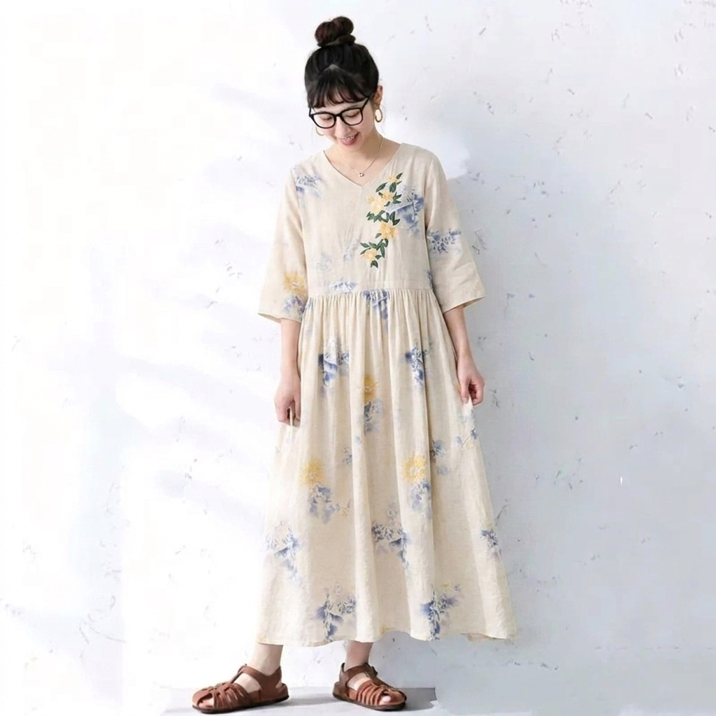 綿麻 花柄 接触冷感 刺繍 ワンピース