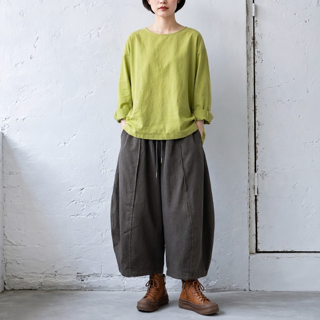 ウエストゴム ドローコード 切り替えデザイン 九分丈 ワイドパンツ