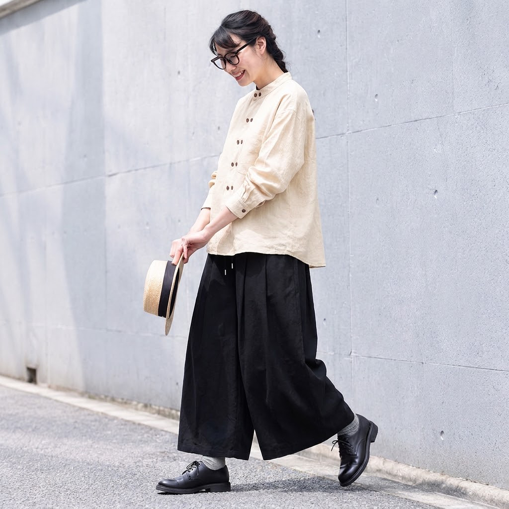 ウエストゴム ドローコード 切り替えデザイン 九分丈 ワイドパンツ