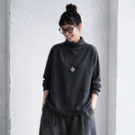 L～5XL モックネック バックボタン ルーズ レトロ 長袖 Ｔシャツ