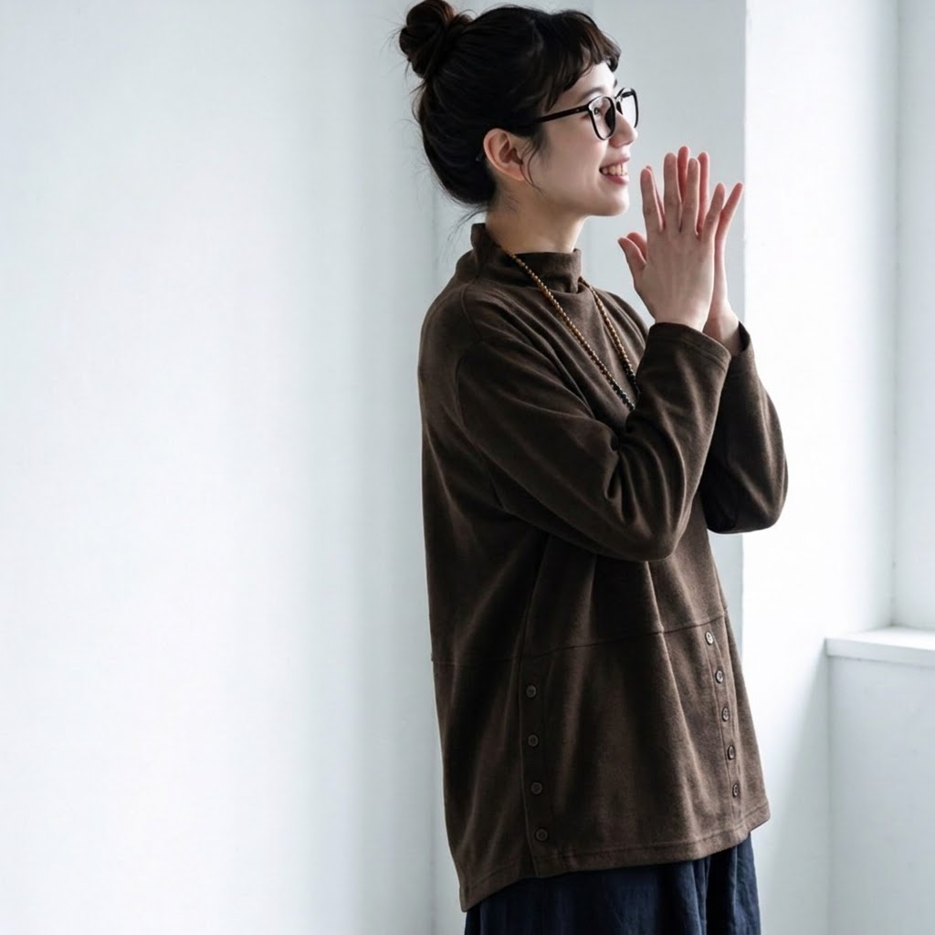 L～5XL モックネック バックボタン ルーズ レトロ 長袖 Ｔシャツ