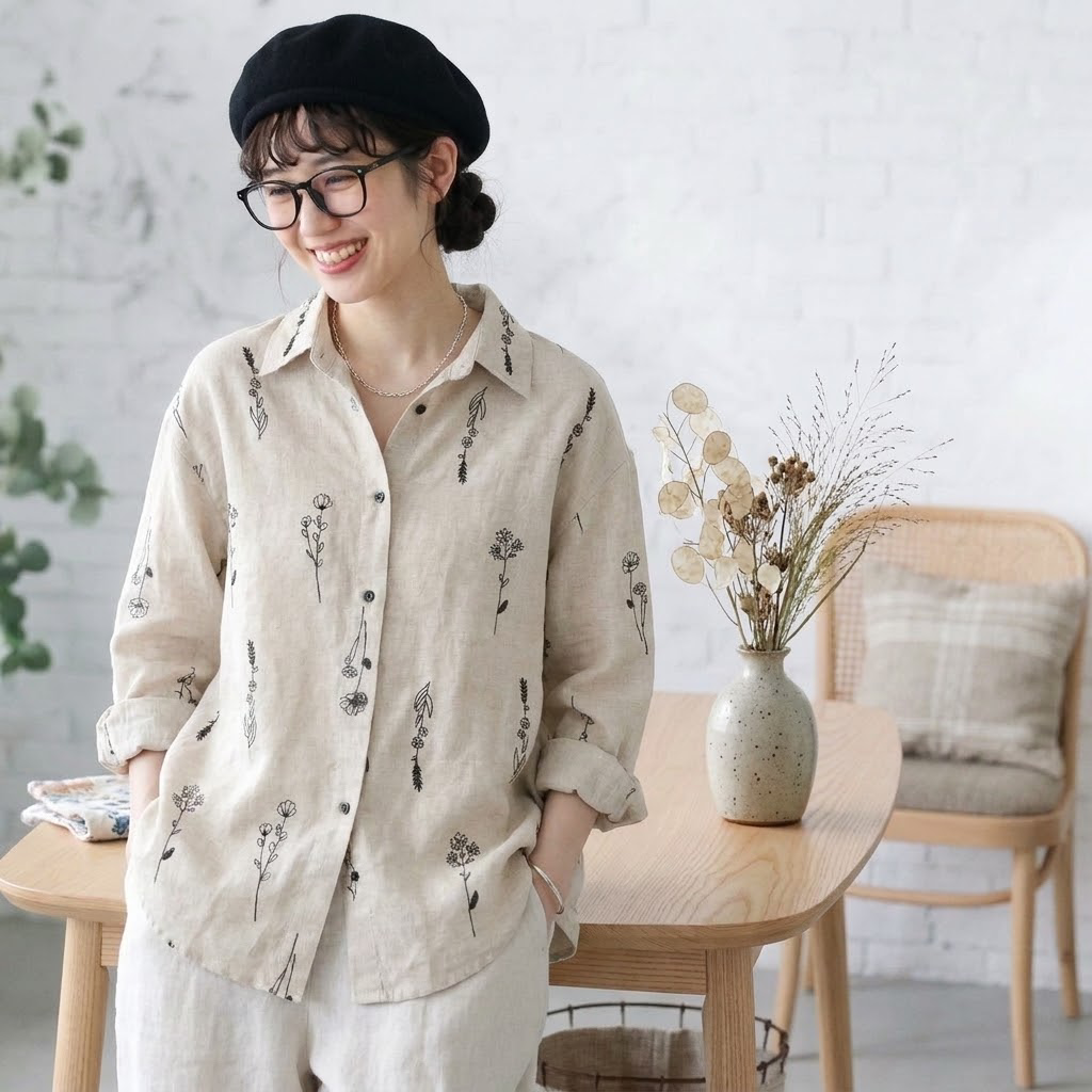 花模様 刺繍 植物 長袖 シャツ袖 シャツ
