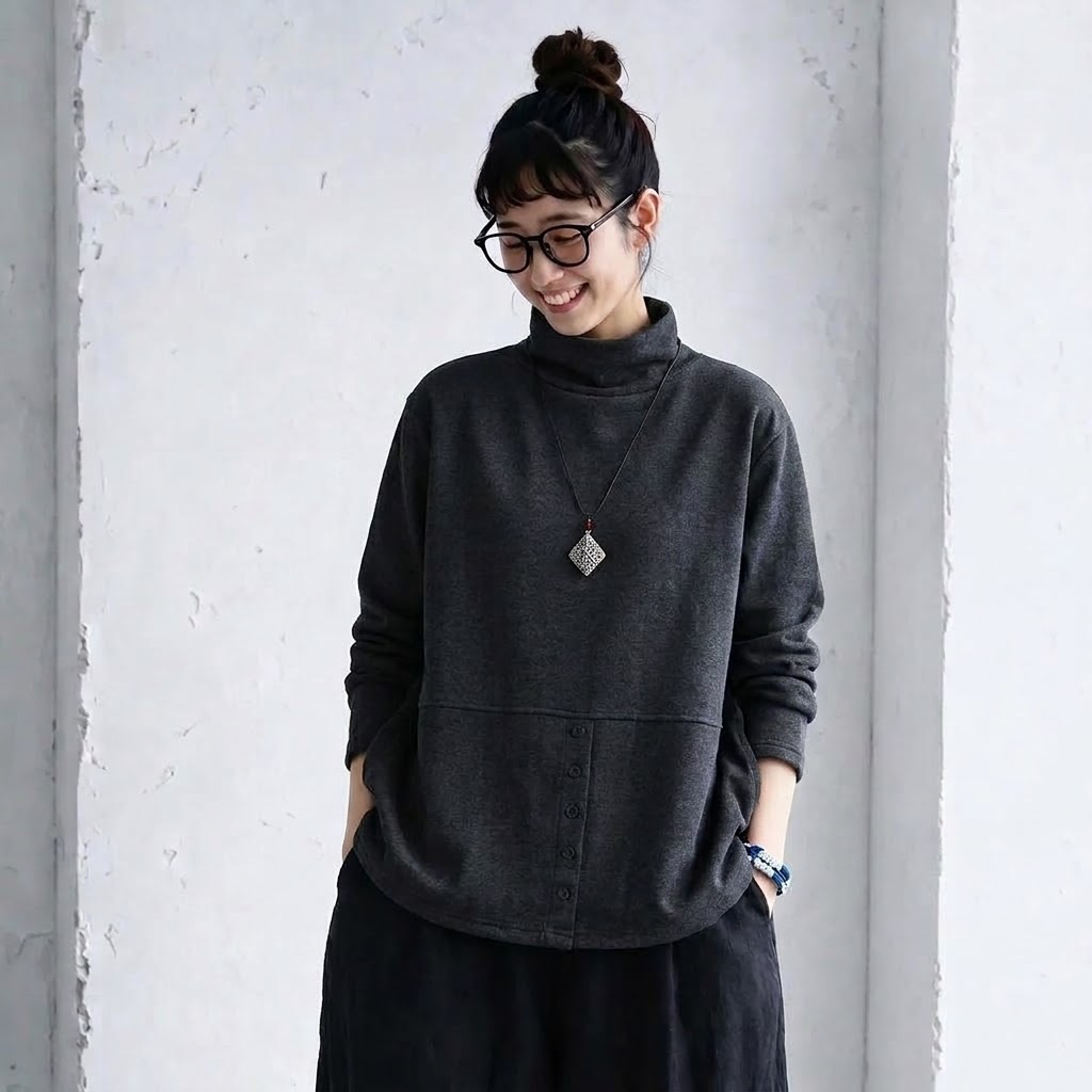 L～5XL モックネック バックボタン ルーズ レトロ 長袖 Ｔシャツ