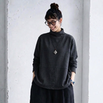 L～5XL モックネック バックボタン ルーズ レトロ 長袖 Ｔシャツ