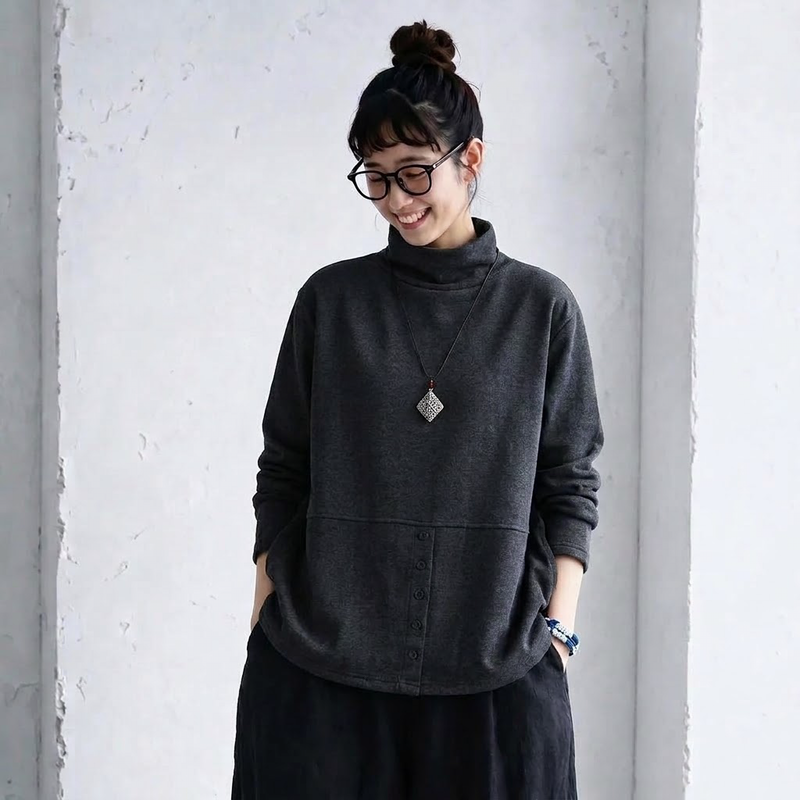 L～5XL モックネック バックボタン ルーズ レトロ 長袖 Ｔシャツ