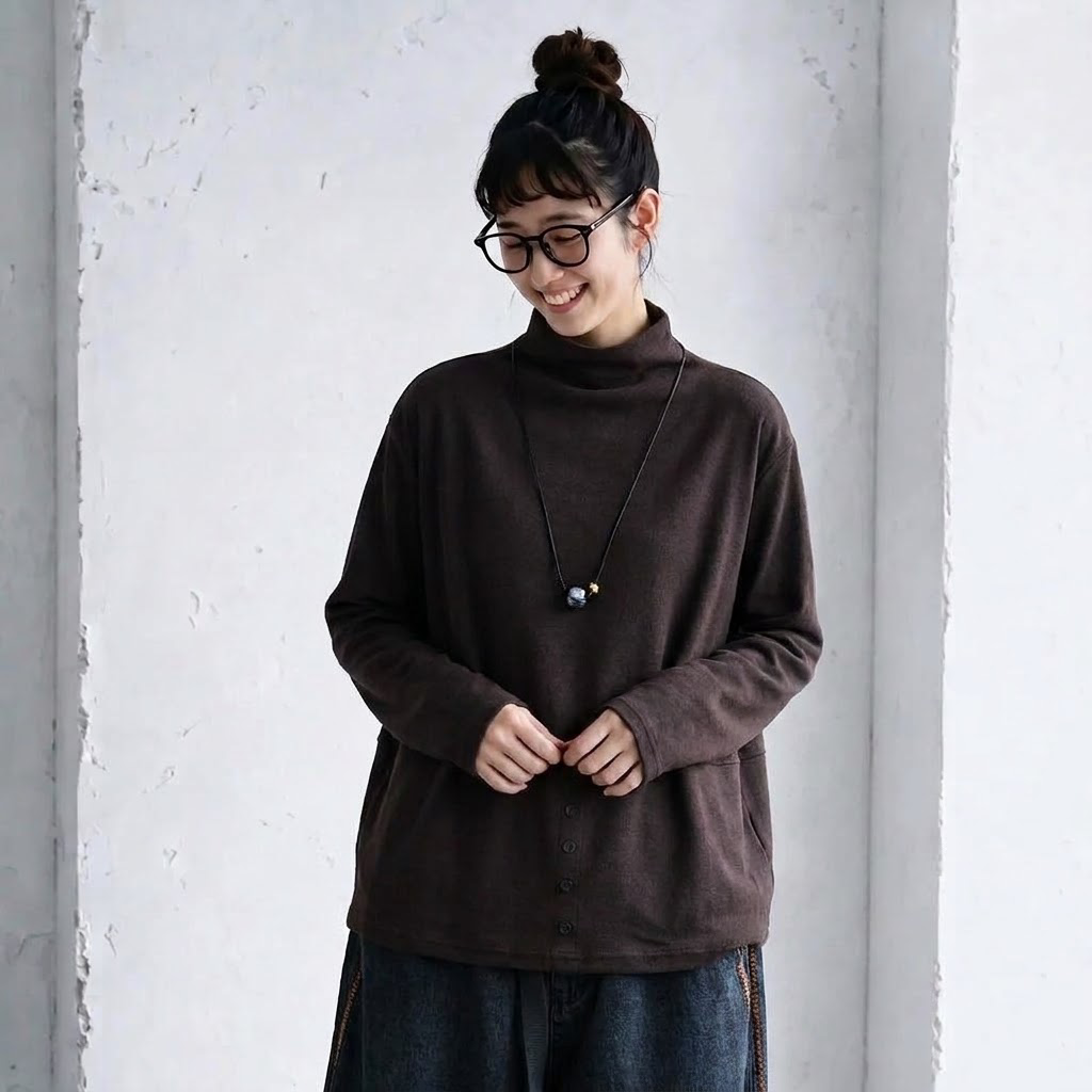 L～5XL モックネック バックボタン ルーズ レトロ 長袖 Ｔシャツ