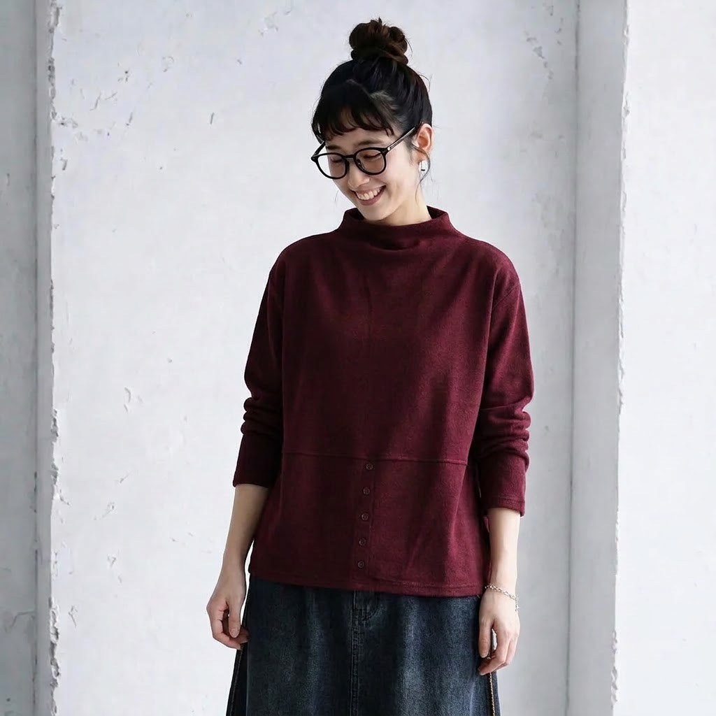 L～5XL モックネック バックボタン ルーズ レトロ 長袖 Ｔシャツ