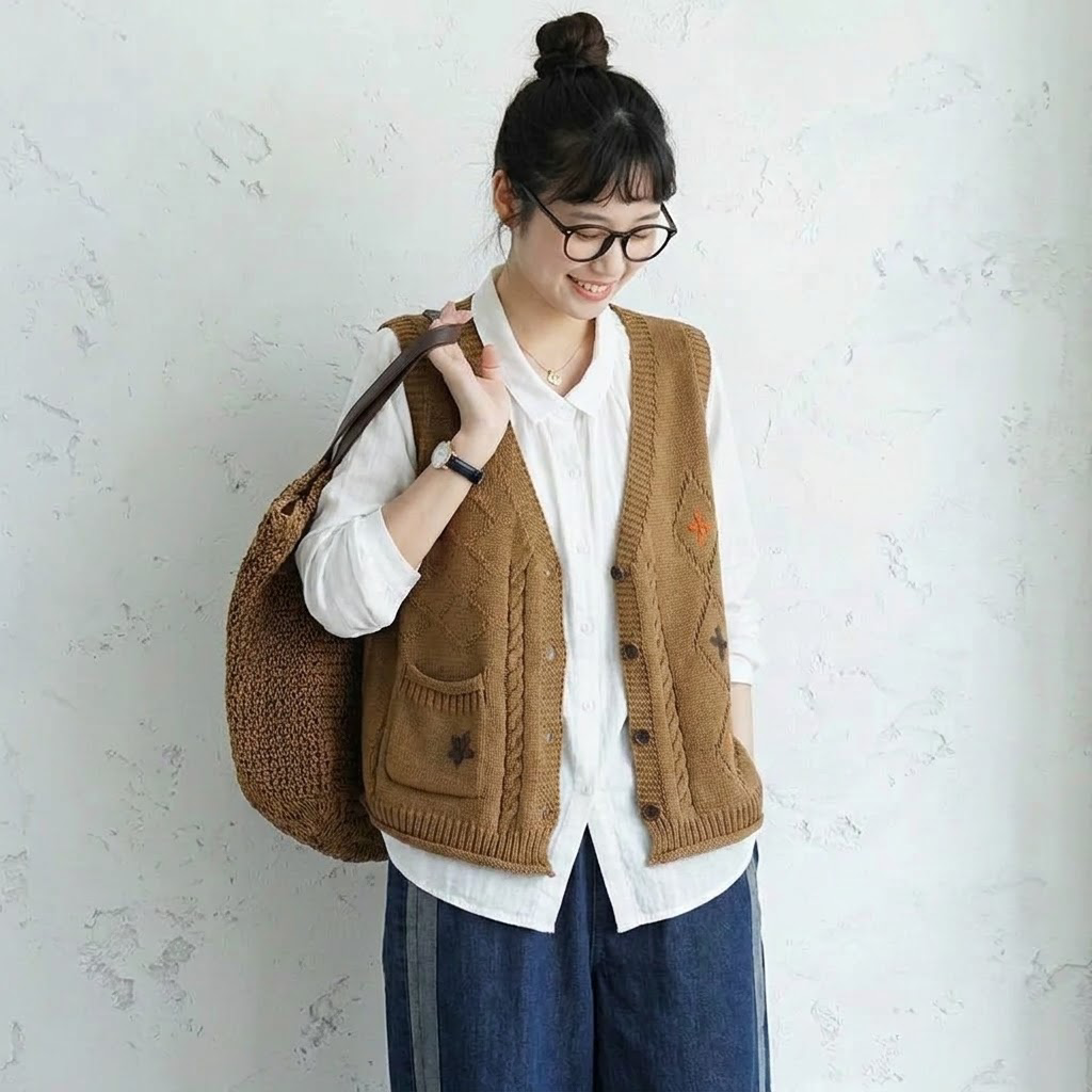 花模様 無地 ノースリーブ 刺繍 ボタン ベスト