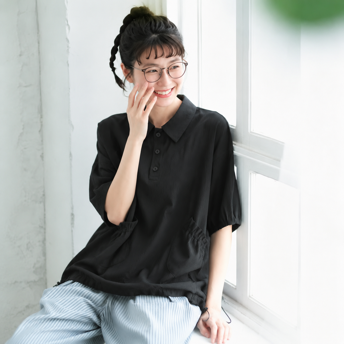 レトロ ボウタイ ギャザー 折り襟 Tシャツ