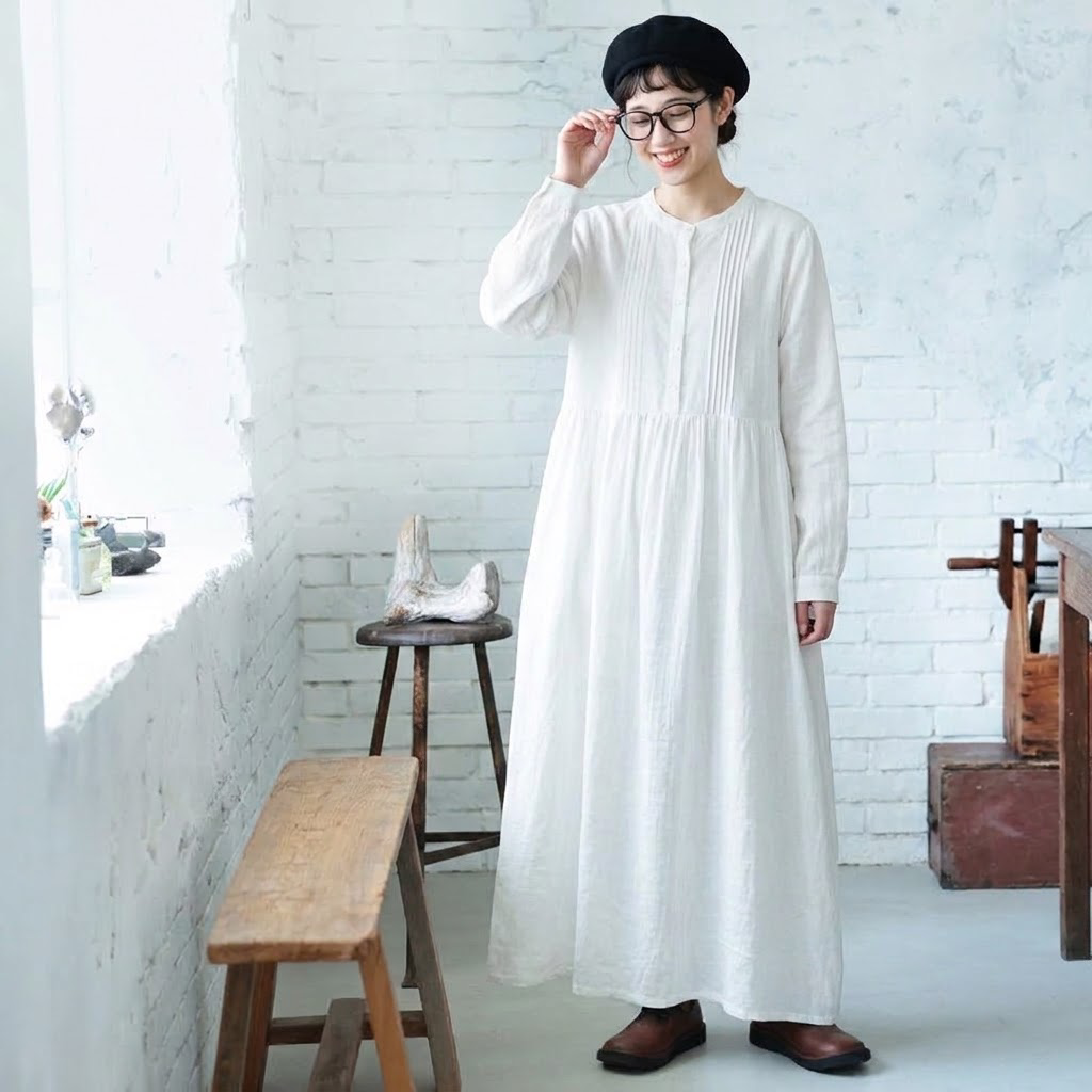 レトロ ハーフオープン ロングワンピース