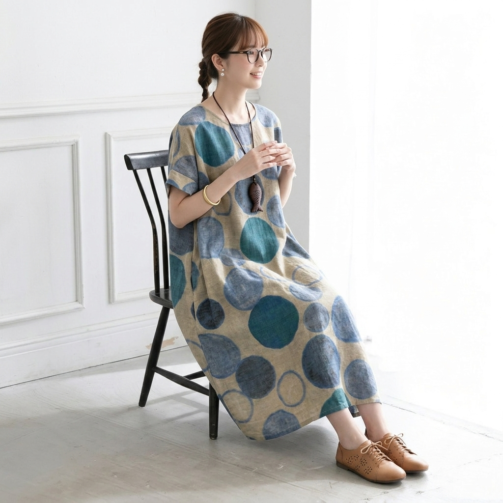 綿麻 ドット柄 プリント 半袖 ワンピース