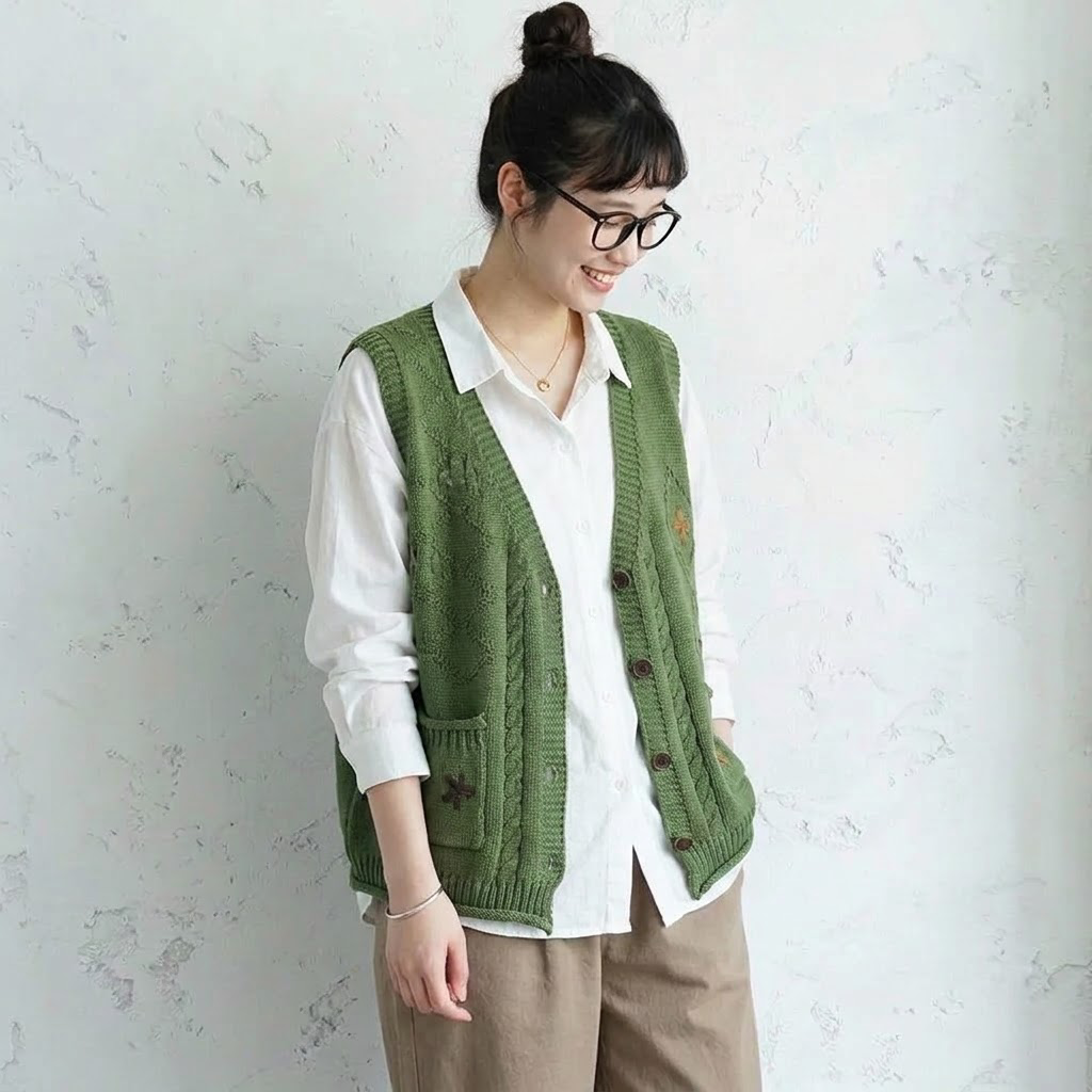 花模様 無地 ノースリーブ 刺繍 ボタン ベスト