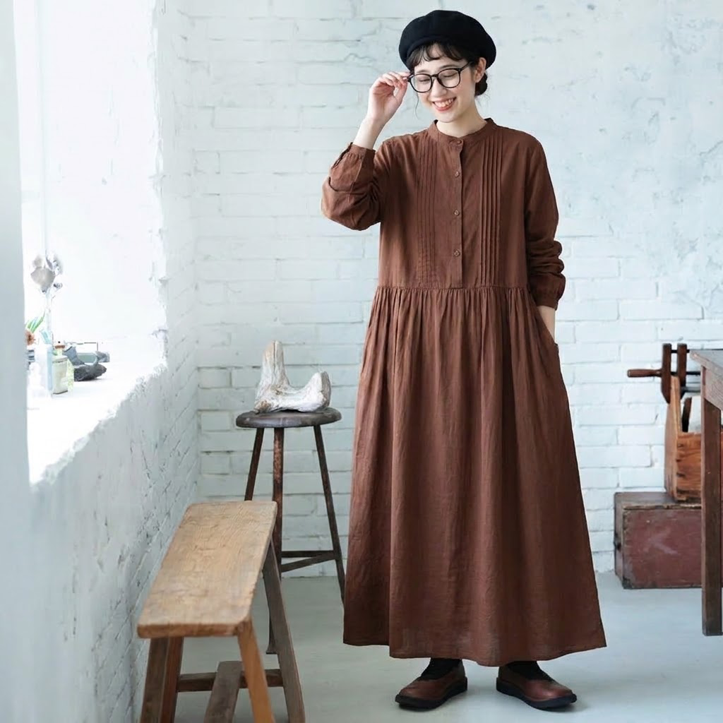 レトロ ハーフオープン ロングワンピース