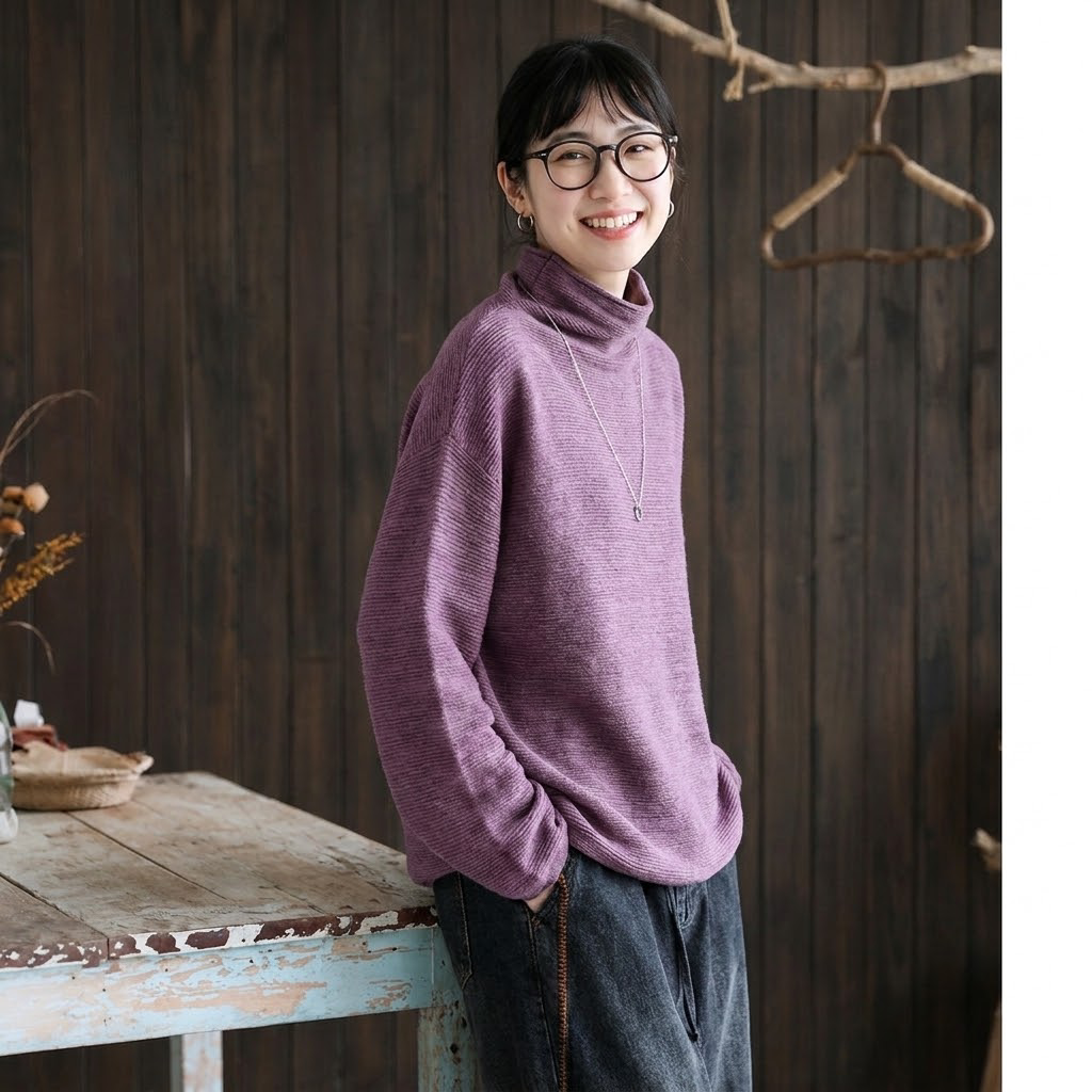 7色展開｜シャーリングネック ゆったり長袖ニット