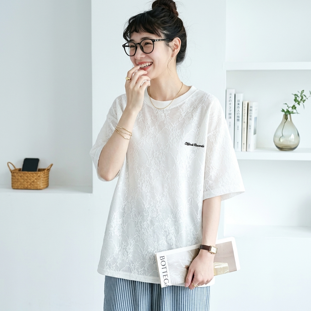 コットン レース 半袖 刺繍 ラウンドネック Tシャツ