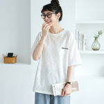 コットン レース 半袖 刺繍 ラウンドネック Tシャツ