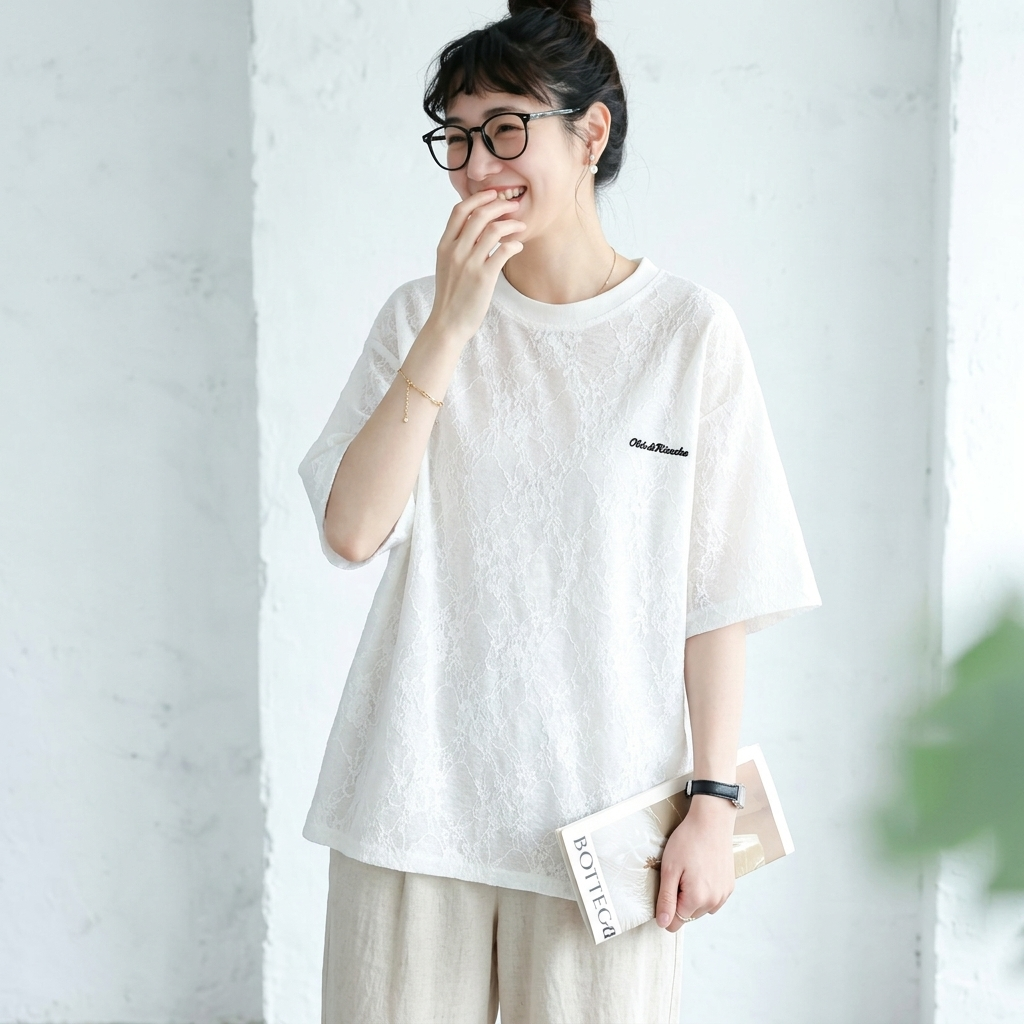 コットン レース 半袖 刺繍 ラウンドネック Tシャツ