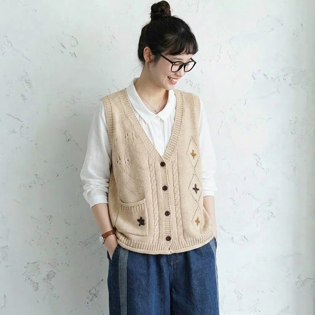 花模様 無地 ノースリーブ 刺繍 ボタン ベスト