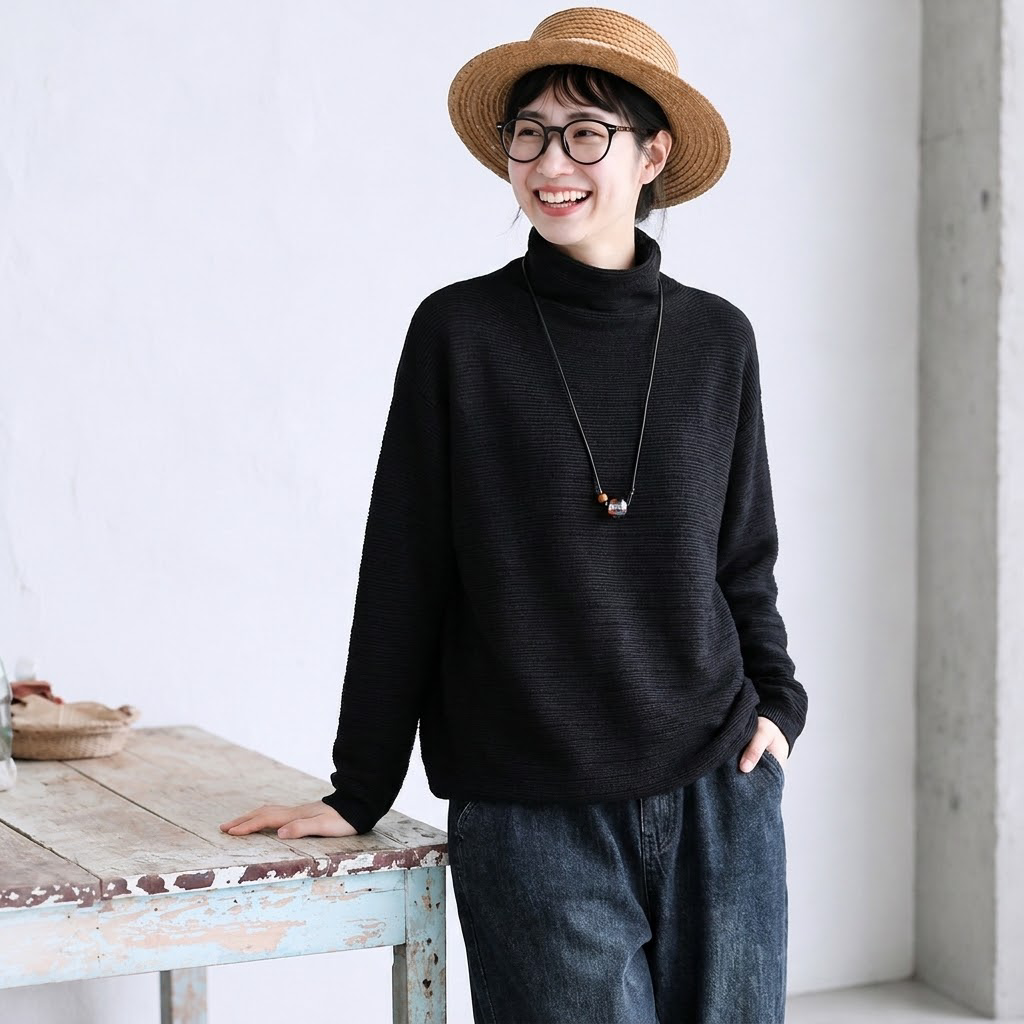 7色展開｜シャーリングネック ゆったり長袖ニット
