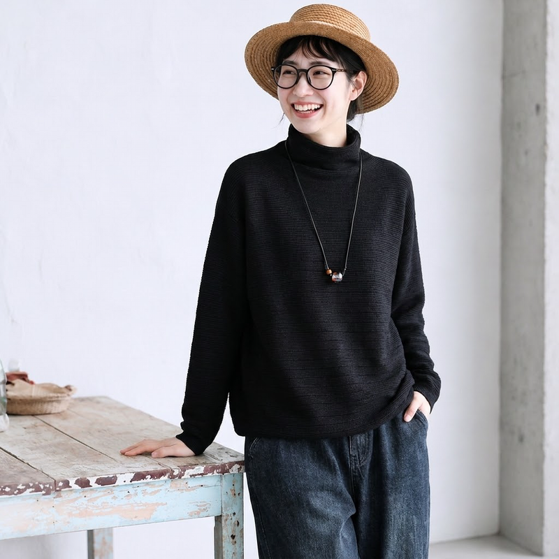 7色展開｜シャーリングネック ゆったり長袖ニット